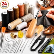Rongsi 24Pack Upholstery Repair Sewing Kit Heavy Duty Sewing Kit with Awl Tools, Seam Ripper, Hand Stitching Needles, Leather Craft Tool Kit for Shoes Sofa Tent Carpet Leather Craft