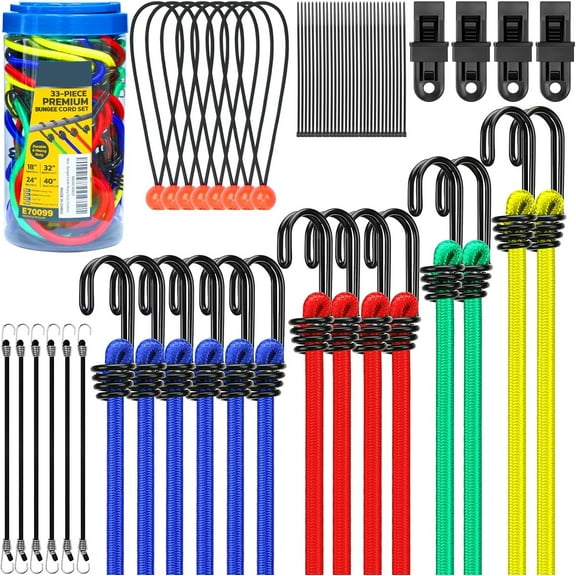 Rongsi 33 Piece Premium Bungee Cords Assortment Jar, Includes 10", 18", 24", 32", 40" Bungee Cord with Hooks, 6" Nylon Cable Ties, 8" Canopy Tarp Ball Ties and Tarp Clips