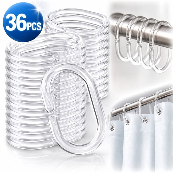 Tattom 36 PCS Shower Curtain Rings, Plastic Clear Shower Curtain Hooks, C-Shaped Rings Hook Hanger Bathroom Shower Window Rod