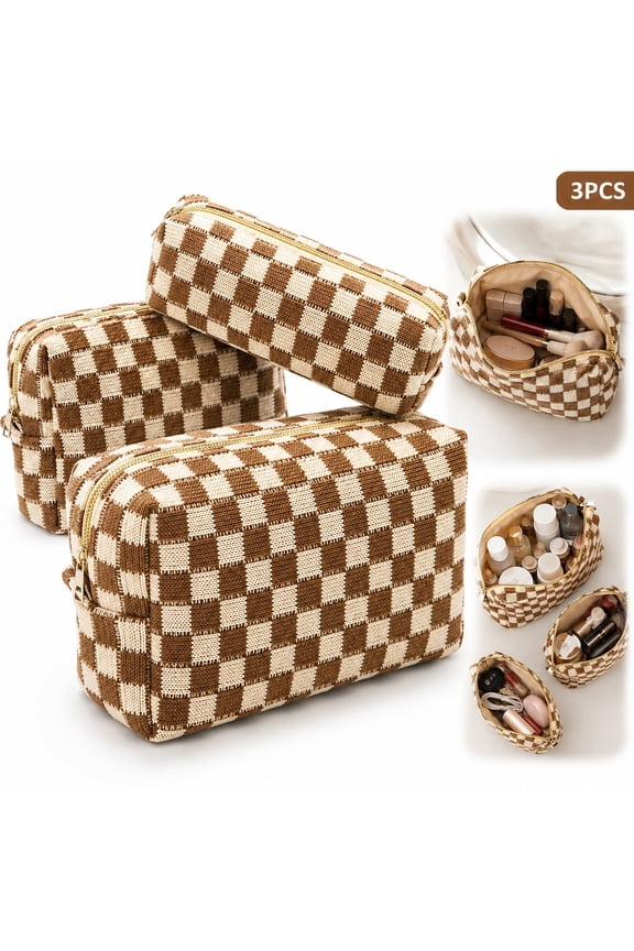 3Pcs Checkered Makeup Bag for Women Large Cosmetic Bag Set Travel Toiletry Bag Makeup Pouch Bag for Purse Brown Zipper Storage Bag Organizer Cute Car Essentials Bag