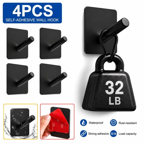 Rongsi 4 Pack Self Adhesive Hooks, Adhesive Hooks Heavy Duty 32lb Wall Hooks, Stainless Steel for Coat Robe, Waterproof Oilproof Rustproof for Bathroom Shower Kitchen Office