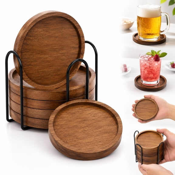 Rongsi-4 Pcs Wood Coasters for Drinks Absorbent, Wooden Coasters with Holder, Drink Coasters for Coffee Table, Absorbent Coaster Set for Table Protection Drink Coasters for Farmhouse, Office, Bar