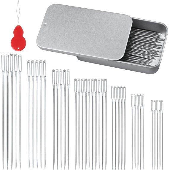 Rongsi 80/40 PCS Large Eye Sewing Needles, 7 Sizes Sewing Sharp Needles, Leather Needle Embroidery Thread Needle, Stainless Steel Yarn Knitting Needles with Threaders for Handsewing Art Crafts