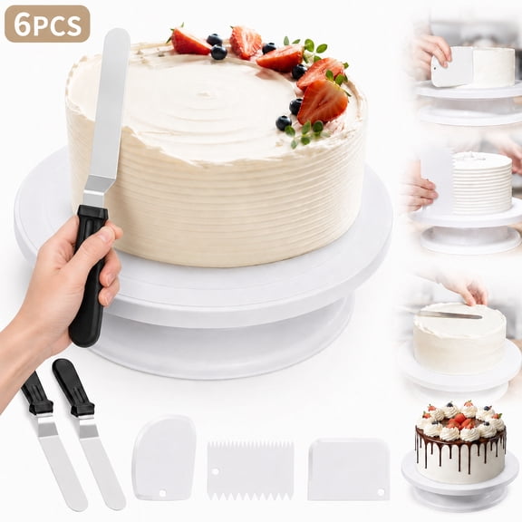 Rongsi Cake Decorating Kit Baking Supplies Cake Turntable with 2 Frosting Straight Angled Spatula 3 Icing,Smoother Scrapers Baking Accessories Tools, Cake Turntable For Decorating,White