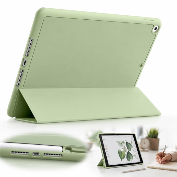 Rongsi Case Compatible with iPad 10.2 Inch 2021/2020 iPad 9th/8th Generation & 2019 iPad 7th Generation with Pencil Holder, Protective Case with Soft TPU Back, Auto Sleep/Wake Cover, Matcha green