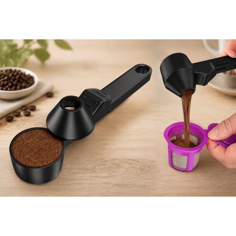 Rongsi Coffee Scoop & Funnel for Reusable K Cup Refillable Coffee Pods, Coffee Measuring Spoon 2 Tablespoon Capacity, Scoop with Funnel for Ground Coffee, Tea (Black, 1 Pack)