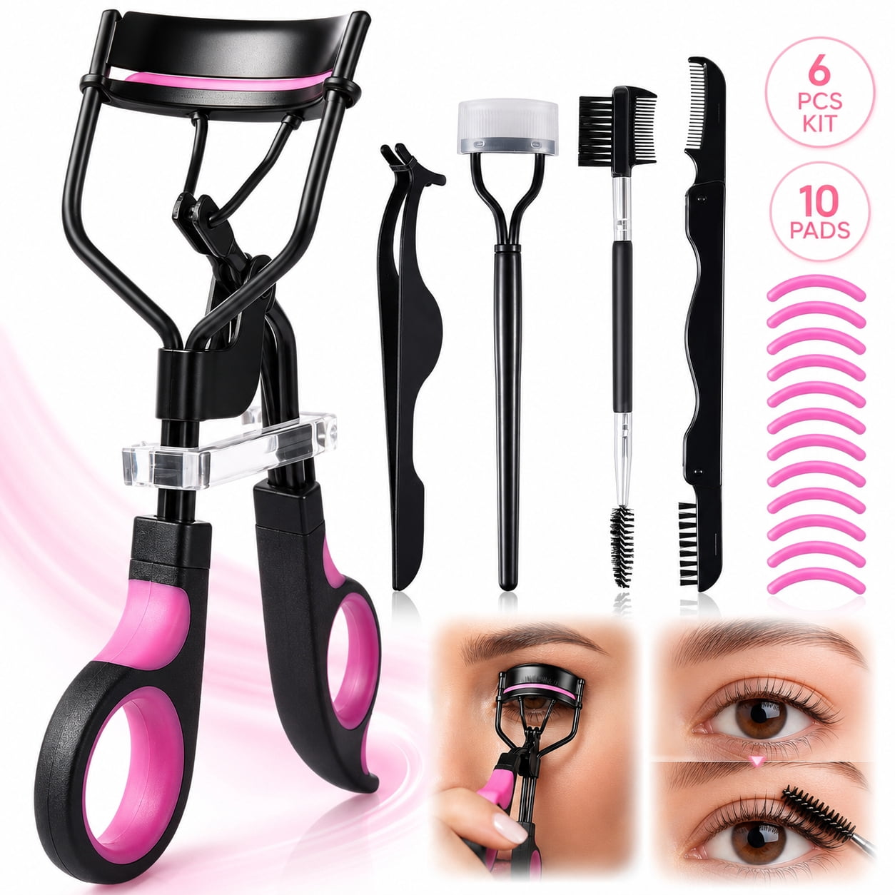 Rongsi Eyelash Curlers Kit for Women w Lash Curler, Eyelash Comb Seperator, 3 in1 Mascara Brushes, Eyelash Extension Tweezers, Foldable Eyebrow Brush and Comb, 10 Silicone Refills Pads