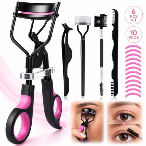 Rongsi Eyelash Curlers Kit for Women w Lash Curler, Eyelash Comb Seperator, 3 in1 Mascara Brushes, Eyelash Extension Tweezers, Foldable Eyebrow Brush and Comb, 10 Silicone Refills Pads