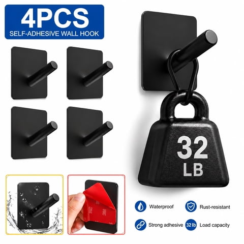 Rongsi 4 Pack Self Adhesive Hooks, Adhesive Hooks Heavy Duty 32lb Wall Hooks, Stainless Steel for Coat Robe, Waterproof Oilproof Rustproof for Bathroom Shower Kitchen Office
