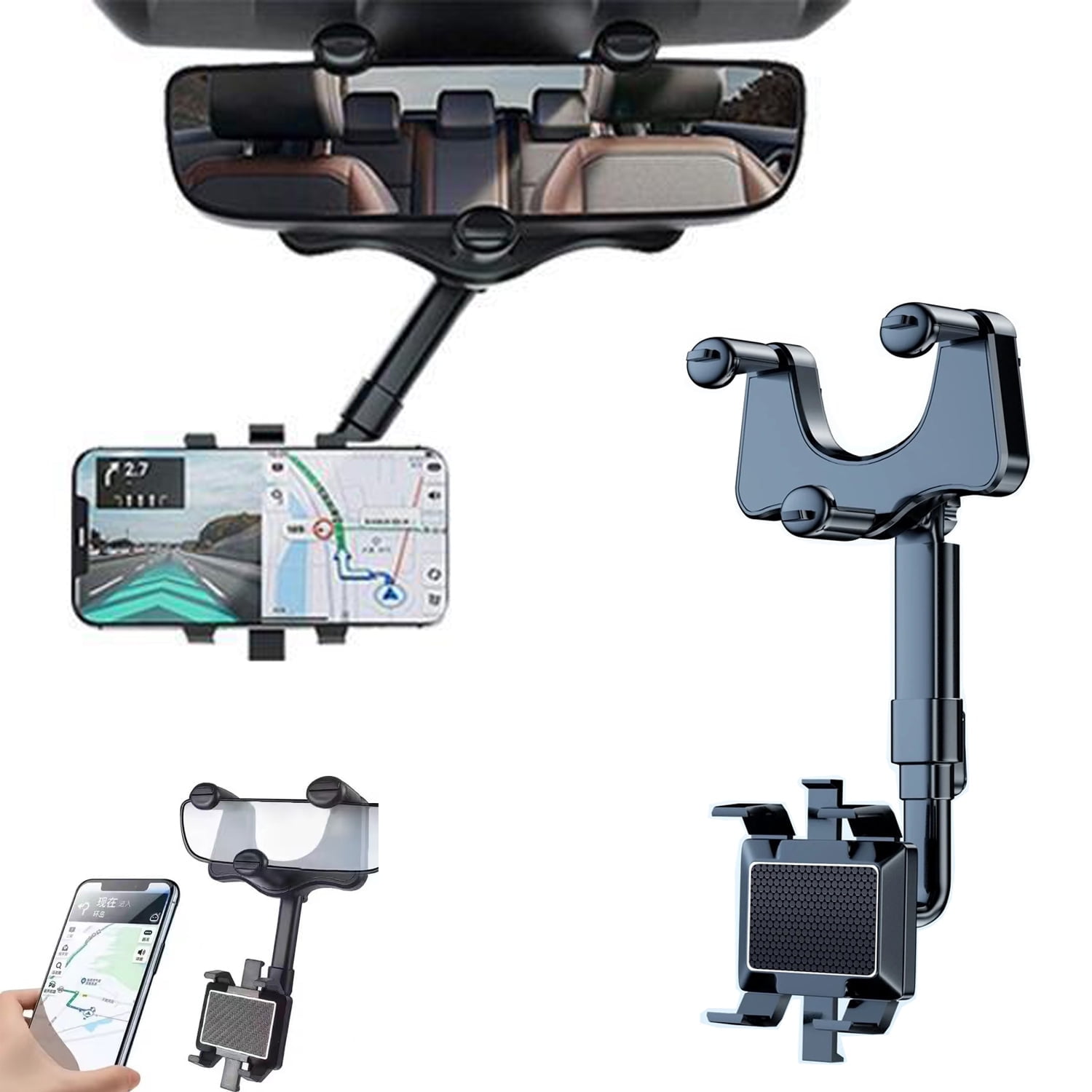 Rongsi Rear View Mirrors Phone Holder, 360°Rotatable and Retractable Car Phone Holder Mount Multifunctional Rearview Mirror Phone Holder Car Adjustable Cell Phone Holder for All Smartp