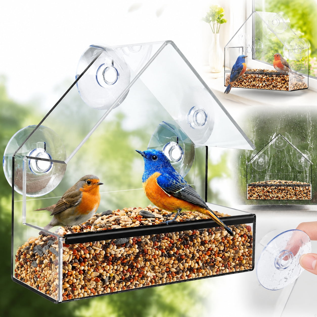 Rongsi Samll Window Bird Feeder, Clear Window Bird Feeders with Strong Suction Cups, Bird House for Outside Wild Birds