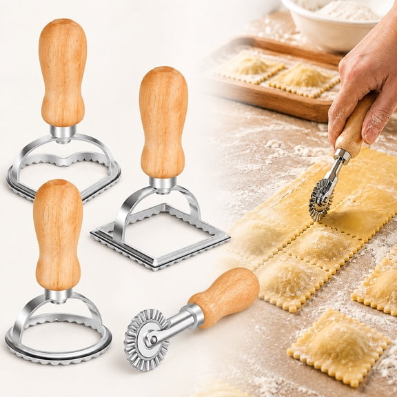 Rongsi- (Set of 4) Ravioli Stamp Maker Cutter with Roller Wheel , Wooden Handle and Fluted Edge, for Ravioli, Pasta, Dumplings Lasagna, Pierogi