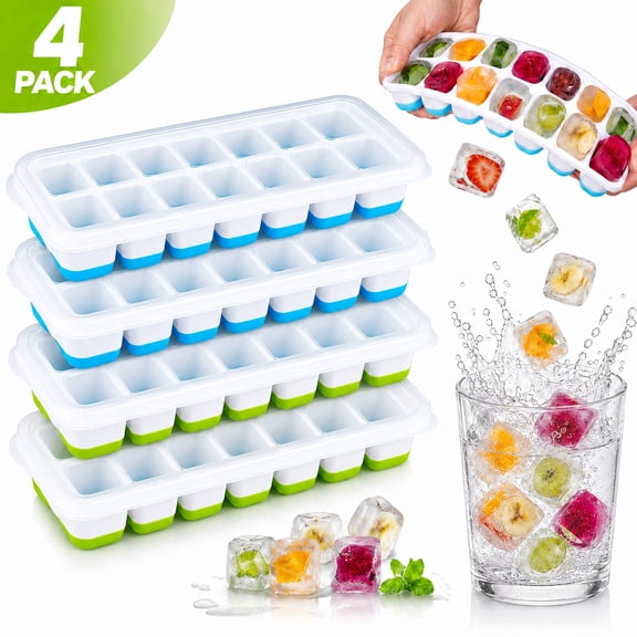 Rongsi Silicone Ice Cube Tray, 4 Pack Easy-Release & Flexible 14-Ice Cube Trays with Spill-Resistant Removable Lid, Stackable Ice Trays with Covers for Freezer, Cocktail