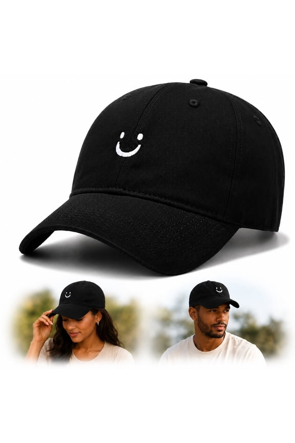 Smile Face Baseball Cap for Women Men Adjustable Low Profile Unstructured Cotton Dad Hat( black)
