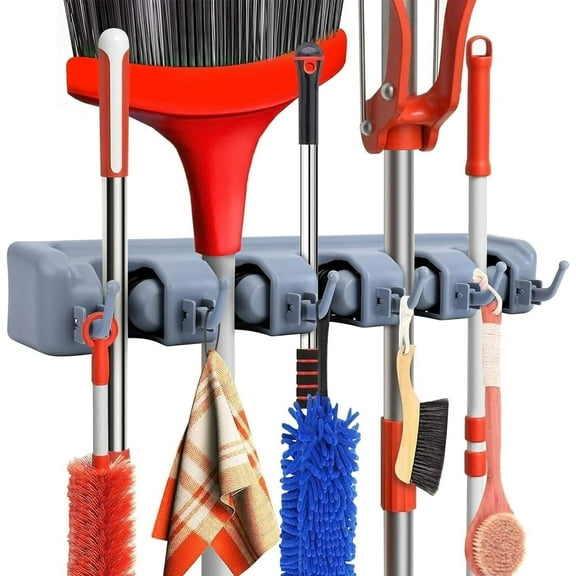 Rongsi Mop and Broom Holder Wall Mount, Wall Mounted Broom Organizer with 5 Racks and 6 Hooks for Kitchen, Laundry, Garage, Garden Storage