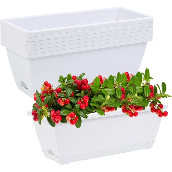 Rongsi Window Box Planter, 7 Pack Plastic Vegetable Flower Planters Boxes 17 Inches Rectangular Flower Pots with Saucers for Indoor Outdoor Garden, Patio, Home Decor (White)