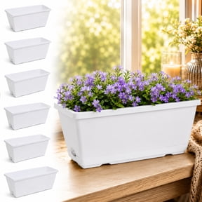 Rongsi Window Box Planter, 7 Pack Plastic Vegetable Flower Planters Boxes 17 Inches Rectangular Flower Pots with Saucers for Indoor Outdoor Garden, Patio, Home Decor (White)
