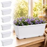 Rongsi Window Box Planter, 7 Pack Plastic Vegetable Flower Planters Boxes 17 Inches Rectangular Flower Pots with Saucers for Indoor Outdoor Garden, Patio, Home Decor White