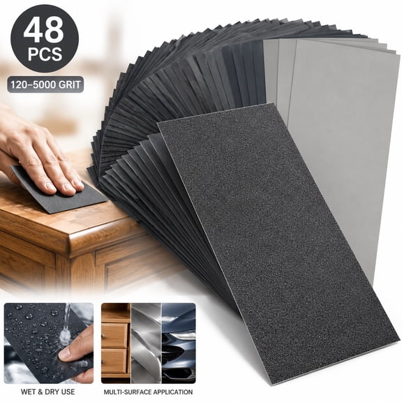 Rongsi sand Paper, 48 PCS Sandpaper, 120 to 5000 Assorted Grit Sandpaper Sheets, 9 x 3.6 Inch Premium Wet Dry Sandpaper for Wood Furniture Finishing, Metal Sanding, Automotive Polishing