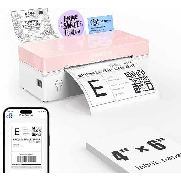 Rongta Bluetooth Shipping Label Printer, Wireless 4x6 Thermal Label Printer for Shipping Packages, Pink