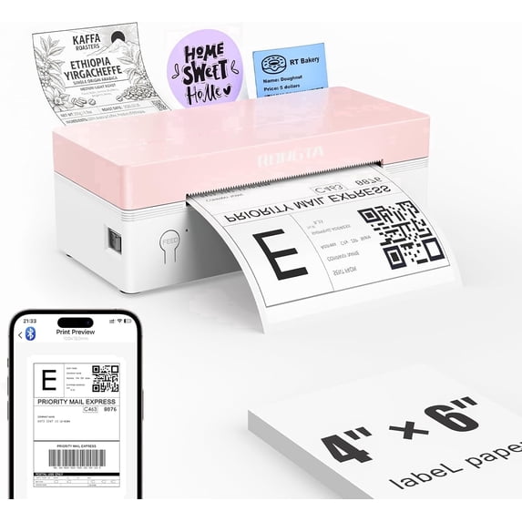 Rongta Bluetooth Shipping Label Printer, Wireless 4x6 Thermal Label Printer for Shipping Packages, Support Android, iPhone, Widely Used for Amazon, Ebay, Shopify, Etsy, UPS, Pink
