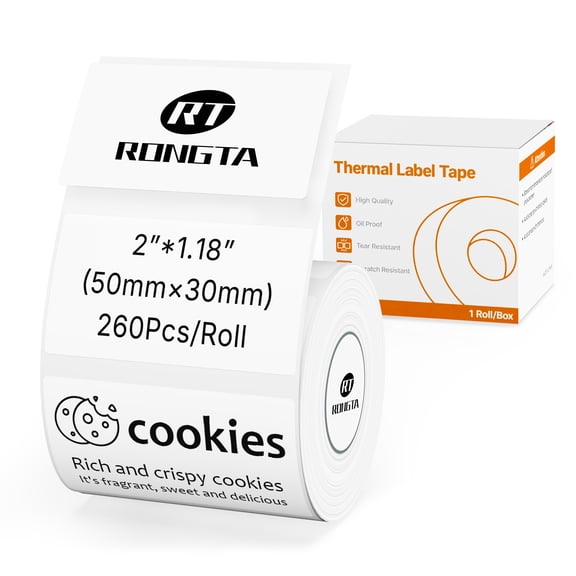 Rongta Blank Thermal Labels for R22, White, 50 x 30 mm, 260 Labels per Roll