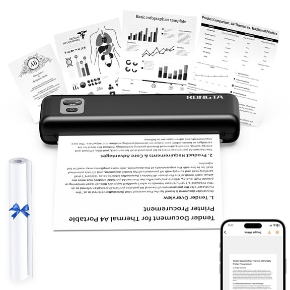 Rongta Portable Printer Wireless for Travel, Thermal Inkless Printers for 8.5"*11" US Letter, Compatible with Android iOS Smartphone, Mac Windows Laptop for Office, Home, Travel (Black)