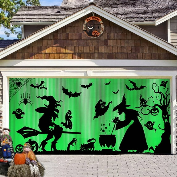 Rongxk Halloween Garage Door Decorations Witch Halloween Garage Door Cover 4.92 X 2.46 Ft Bat Garage Door Banner Large with for Halloween Front Porch Wall Decorations.