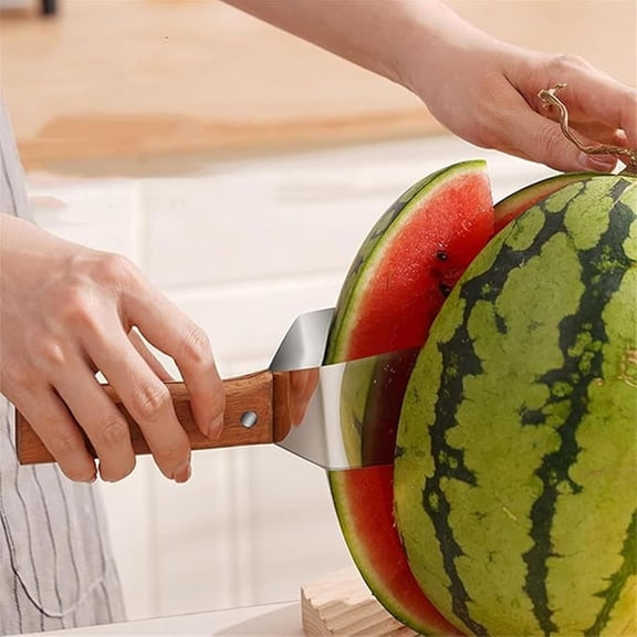 Rongyun 2026 New Triangle Watermelon Cutter, Stainless Steel Watermelon Slicer, Stainless Steel with Wooden Handle for A Wide Variety Watermelon, Cantaloupe, Honeydew, Apples, and More (3PCS)
