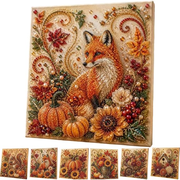 Rongyun Autumn Pearl Painting Kit, Harvest Pumpkin Fox Squirrel Autumn Pearl Painting Craft Kit, DIY Fall Home Decor Wall Arts, Beginner DIY Seasonal Party Gift Fox