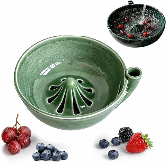 Rongyun Bowl Washer Fruit, Ceramic Berry Serving Bowls, Self Spinning Washing Bowl, Drain holes and Center Cone Design for Small Fruits (green)