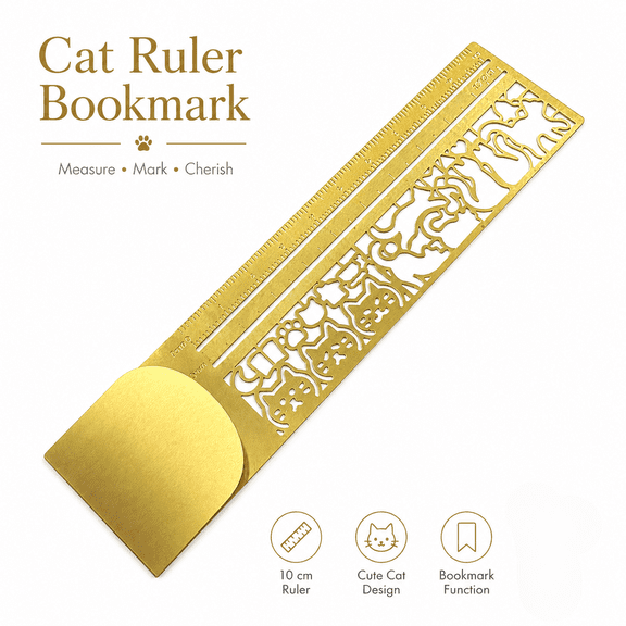 Rongyun Cat Multi-Functional Ruler (10cm Straight Edge), Brass Kitten Pattern Template Planner, Cute Office School Home Measuring Tool Gift 2 PCS