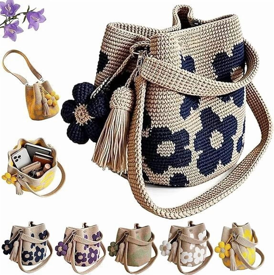 Rongyun Handmade Crochet Flower Tote Knit Floral Purse Bag Boho Beach Handbags Crossbody Shoulder Bag for Women Vacation Blue