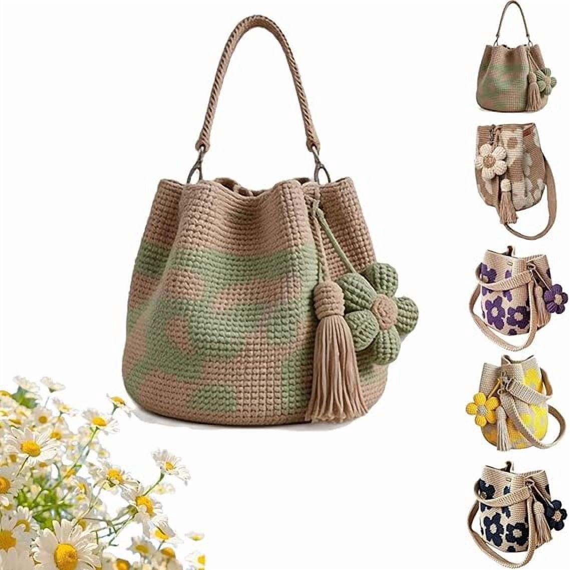 Rongyun Handmade Crochet Flower Tote Knit Floral Purse Bag Boho Beach Handbags Crossbody Shoulder Bag for Women Vacation Green