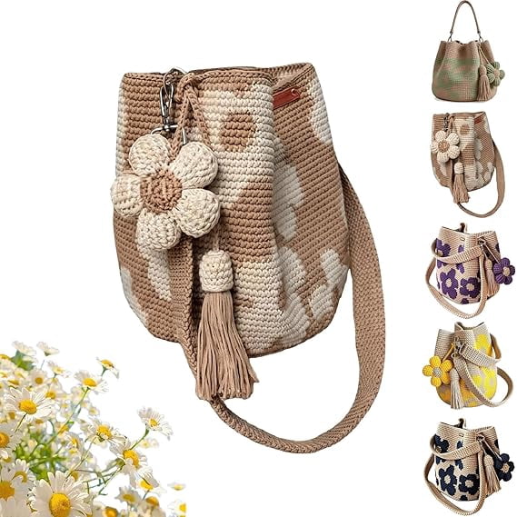 Rongyun Handmade Crochet Flower Tote Knit Floral Purse Bag Boho Beach Handbags Crossbody Shoulder Bag for Women Vacation Off-White