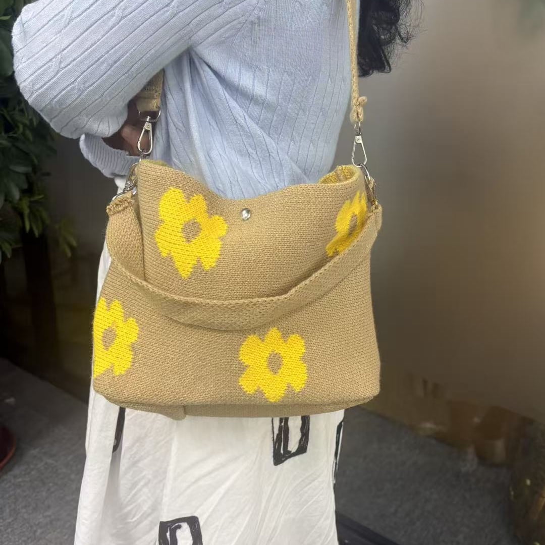 Rongyun Handmade Crochet Flower Tote Knit Floral Purse Bag Boho Beach Handbags Crossbody Shoulder Bag for Women Vacation Yellow