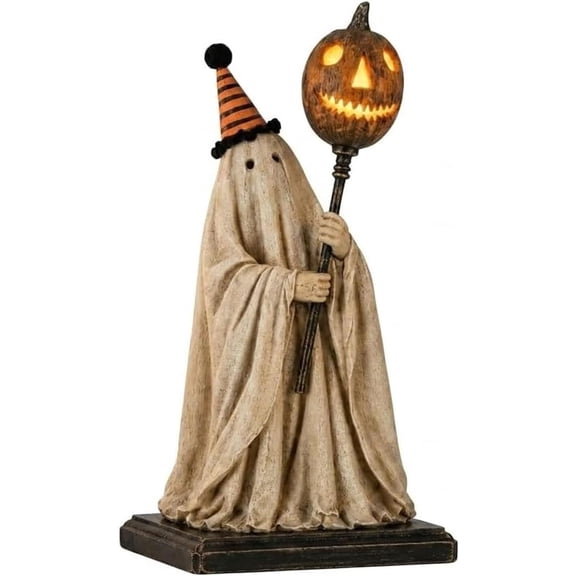Rongyun Lighted Vintage Ghost Figurine with Glowing Pumpkin Staff, Halloween Tabletop Decor, LED Ghost Statue for Mantel, Fireplace, Bookshelf, Entryway, Rustic Fall Home Decoration (1pcs)
