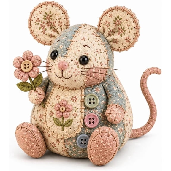 Rongyun Patchwork Mouse DIY Kit, Handmade Sewing Craft Set with Floral Fabric, Stuffing, Buttons, Cute Mouse Ornament DIY Kit (# 1)
