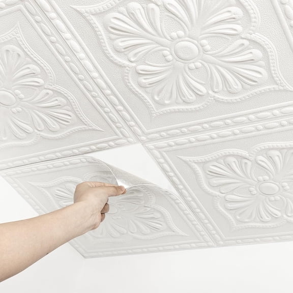 Rongyun Peel and Stick Ceiling Tiles, White Drop Foam Ceiling Tiles,16pcs 13.78""×13.78"" Covered 21 Sq.Ft, Easy to install for Bathroom, Basement room
