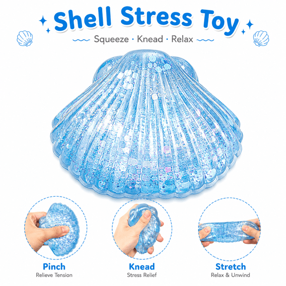 Rongyun Sea Shell Squishy, Glitter Squishy Outer Shell Marine Shells Stress Ball Oceans Shells Squeeze Balls for Adults Slow Rise Squeeze Stretchy Fidgets for Party Favor Blue