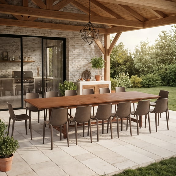 Roni 13-Piece Outdoor Rectangular Extendable Dining Table and Chairs Set | Eucalyptus Wood | Ideal for Patio, Brown Table & Brown Chairs