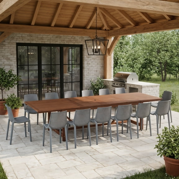 Roni 13-Piece Outdoor Rectangular Extendable Dining Table and Chairs Set | Eucalyptus Wood | Ideal for Patio, Brown Table & Grey Chairs