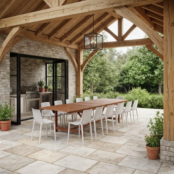 Roni 13-Piece Outdoor Rectangular Extendable Dining Table and Chairs Set | Eucalyptus Wood | Ideal for Patio, Brown Table & White Chairs