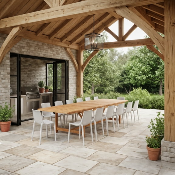 Roni 13-Piece Outdoor Rectangular Extendable Dining Table and Chairs Set | Teak Finish | Ideal for Patio, Light Brown Table & White Chairs