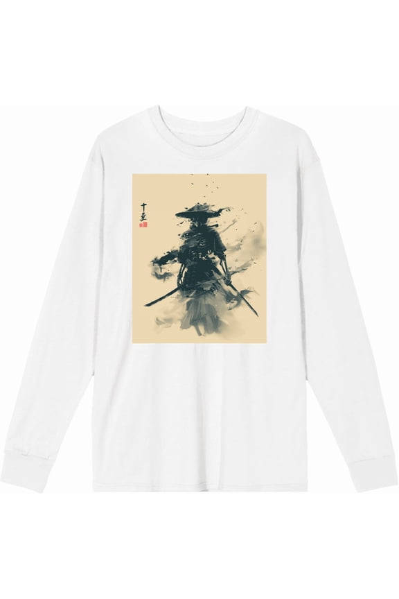 Ronin Samurai Skeleton Adult White Crew Neck Long Sleeve Tee-XXL