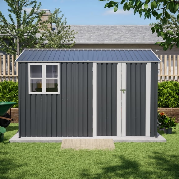 Roninkier 10x8 FT Outdoor Steel Storage Shed, Heavy Duty Weather-Resistant Metal Tool Garden Shed with Clear Window & Lockable Doors Floor Frame Base for Backyard, Patio, Lawn, Gray