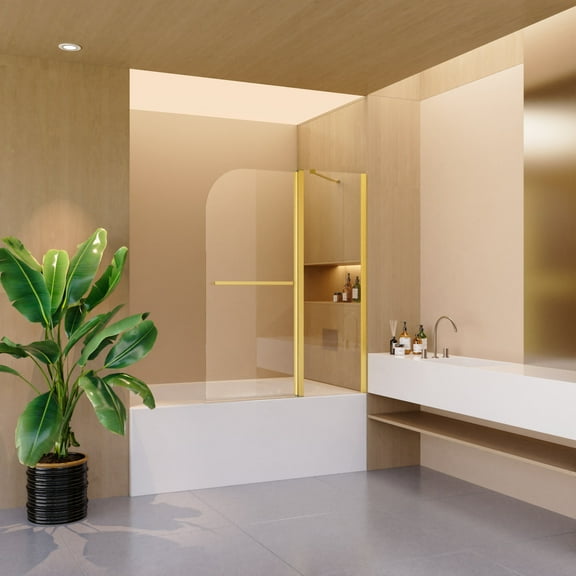 Roninkier 58" Frameless Folding Shower Doors for Bathtub, SGCC Tempered Pivot Tub Glass Door, Brushed Gold