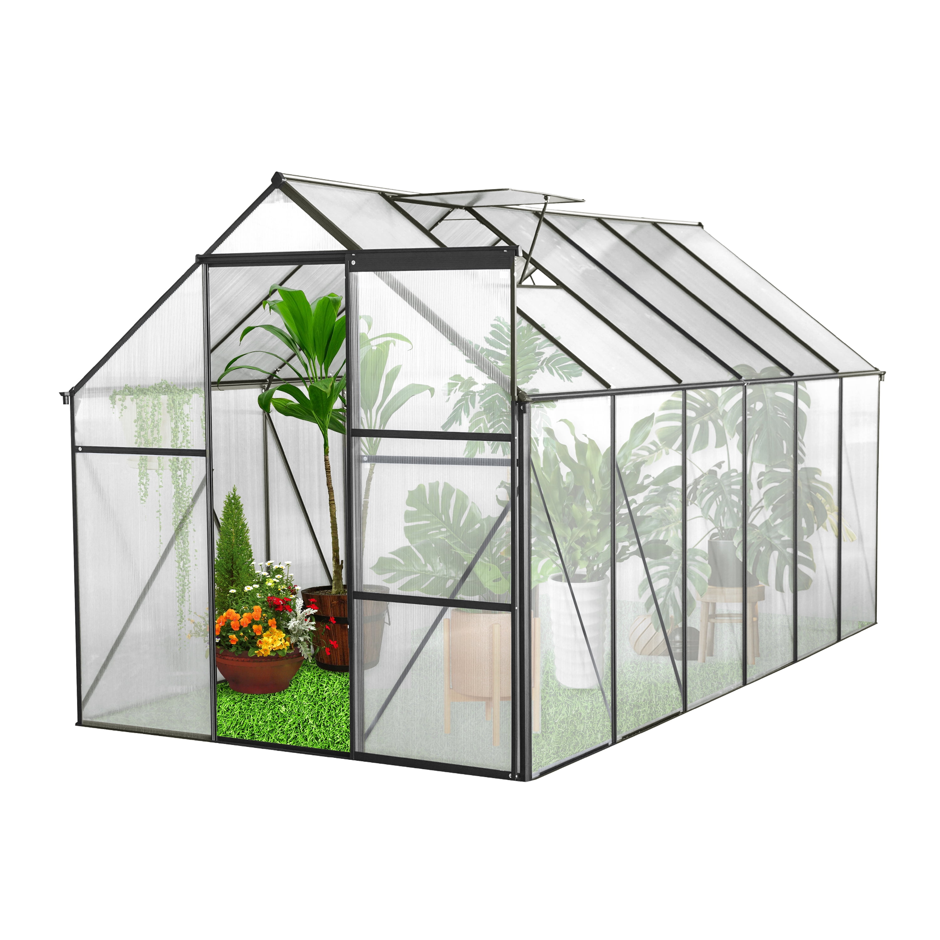 Roninkier 6x12 ft Walk-in Polycarbonate Greenhouse for Outdoor Backyard in All Season, Black