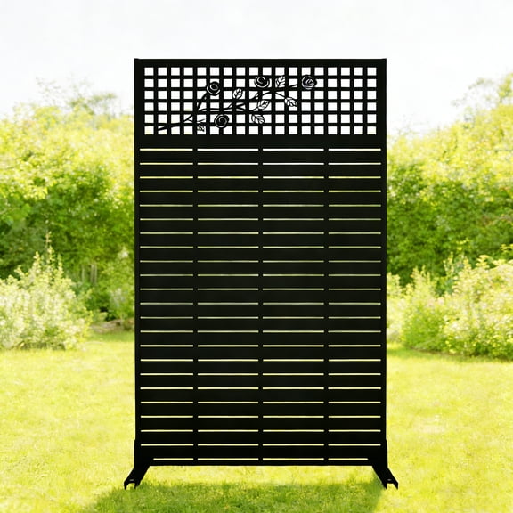 Roninkier 72" H x 43.3" W Metal Privacy Screen Freestanding Decorative Grid Divider for Outdoor Patio, Balcony, Garden, & Indoor Room Separation, Black