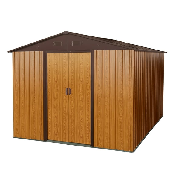 Roninkier 8 x10 ft Outdoor Metal Storage Shed with Metal Floor Base and Sliding Door for Yard, Coffee